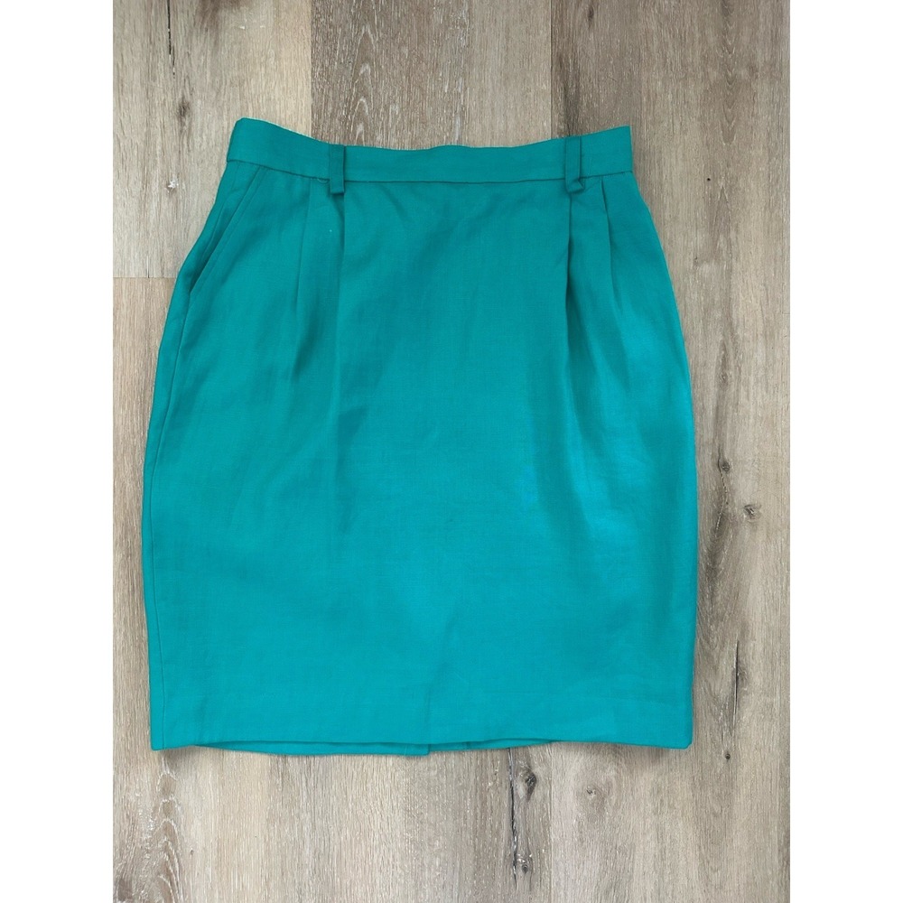 Valerie Stevens 100% Linen Pencil Skirt Womens‎ 16 Green Teal Lined Career Knee